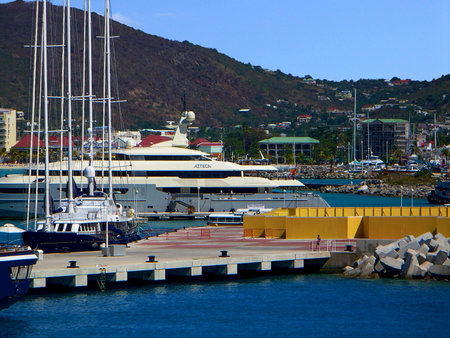 A sailboat docked in St. Maarten Harbor, Caribbeanのeditorial素材