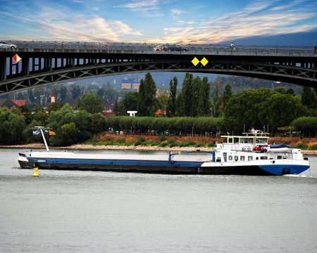 A barge on the Rhine River in Germanyのeditorial素材