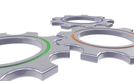 three metal gear wheel with blue green and orange circles - 3d renderの写真素材