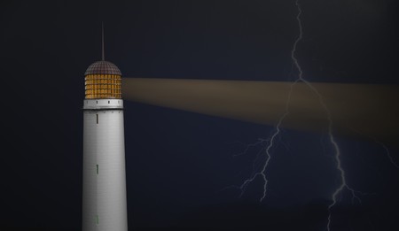 lighthouse on black with lighting bolt and beam 3d renderの写真素材