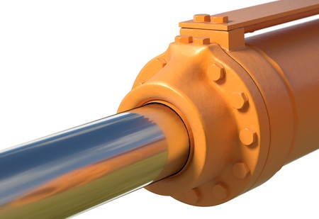 yellow hydraulic pistons with bolt and nut on white 3d renderの写真素材