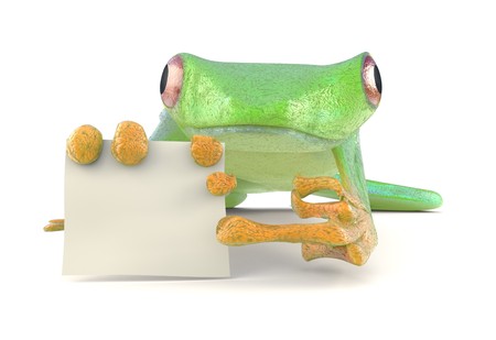 Frog with a blank sign 3d renderの写真素材