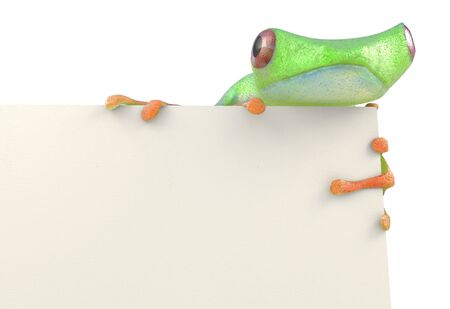 Frog with a blank sign 3d renderの写真素材