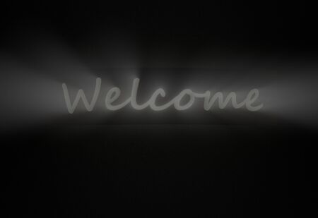 welcome sign white fog isolated on black 3d illustrationの写真素材