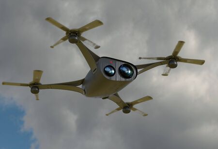 modern camera drone in flight, front view of the futuristic black concept cloud sky 3D illustrationの写真素材
