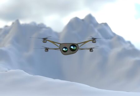 modern camera drone in flight, front view of the futuristic black conceptat mountains 3D illustrationの写真素材