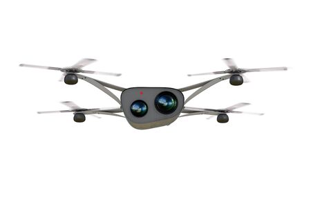 isolated modern camera drone in flight, front view of the futuristic black  concept 3D illustrationの写真素材