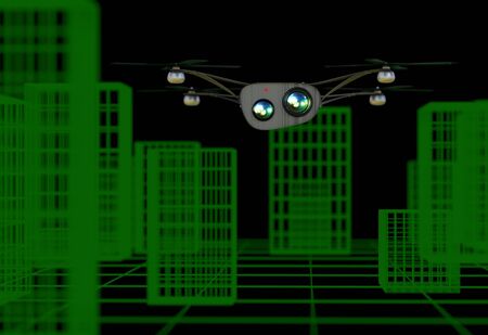 Realistic copter with cameras flying over virtual city 3d illustrationの写真素材