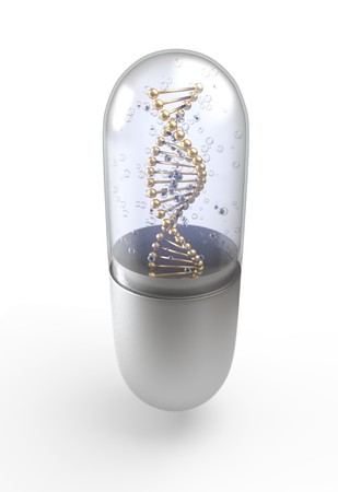 DNA helix inside pill capsules standing 3d renderの写真素材