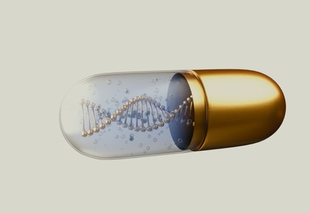 DNA helix inside pill capsules standing 3d illustrationの写真素材