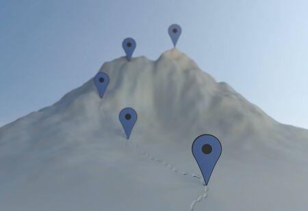 Concept navigation on the mountains. hard way with pin and checkpoints. 3d illustrationの写真素材