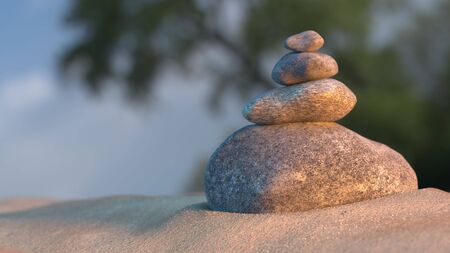 Stones balance on beach, sunrise 3d illustrationの写真素材