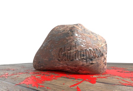 shit happens text on heavy stone smash and small blood on wood floor 3d illustration