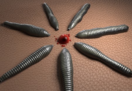 leech worms and blood drop on human skin 3d illustrationの写真素材