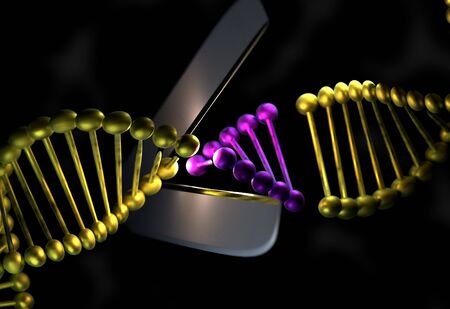 DNA strand in metal color cut with a scissor 3d render