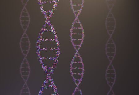 Sequenced pattern of DNA molecule atoms in threads 3d illustrationの写真素材