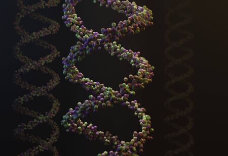 Sequenced pattern of DNA molecule atoms in threads 3d illustrationの写真素材