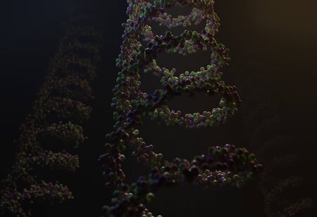 Sequenced pattern of DNA molecule atoms in threads 3d illustrationの写真素材