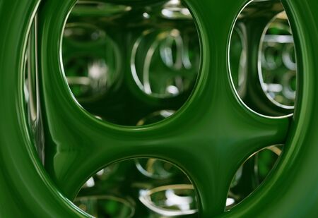 Abstract green interior with round holes constructions, 3d illustrationの写真素材
