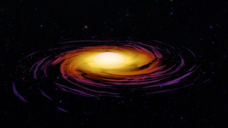 Spiral orange galaxy in space 3d illustrationの写真素材