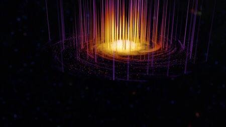 Spiral orange galaxy with light beams in space 3d illustrationの写真素材