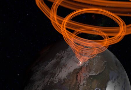 man silhouette in space on earth with energetic flow. The meditative state of mans soul. 3d illustrationの写真素材
