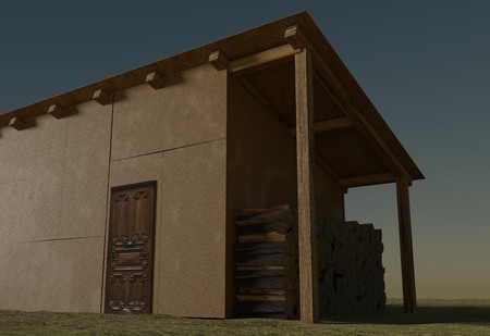 firewood in shed raw material for fuel, osb3 walls, 3d renderの写真素材
