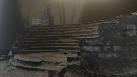 Horror scene of stair and old sculptures, expectation, fog, mystery at abandoned place. 3d illustrationの写真素材