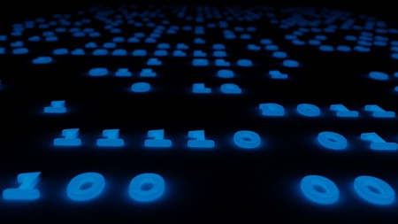 abstract binary code glow blue background 3d illustration.の写真素材