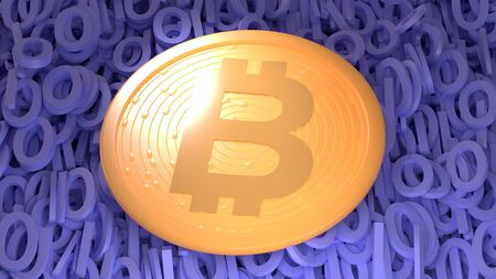 Bitcoin. Digital currency. Cryptocurrency and blockchain. Golden coin with bitcoin symbol isolated on white background. 3d illustration.の写真素材