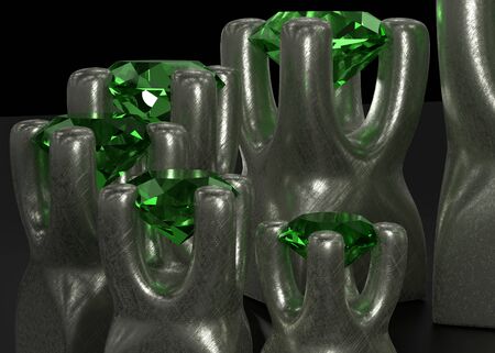 set of gems stones in metal holder mount 3d illustration