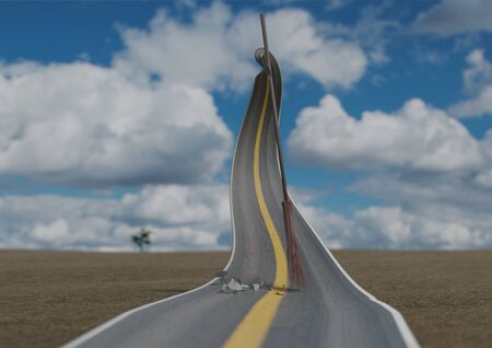 Surralistic road self-cleaning from grabage by broom in desert with blue sky 3d illustration