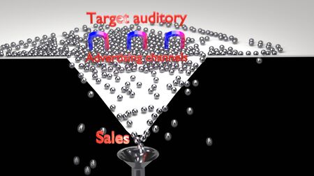 Sales funnel. Metal balls magnet and sales target. 3D illustrationの写真素材