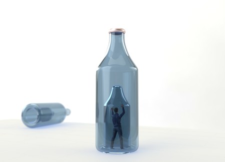 Boundaries and troubles looks like inside glass bottle. No way ahead. Limits in life. 3d illustration.の写真素材