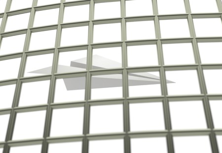 Paper airplane prison jail blocking 3d illustration isolated in white backgroundの写真素材