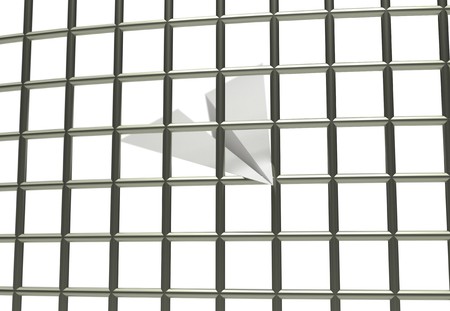 Paper airplane prison jail blocking 3d illustration isolated in whiteの写真素材