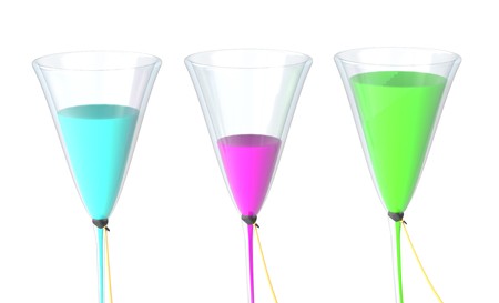 Three glass with color liquid isolated on white 3d illustrationの写真素材