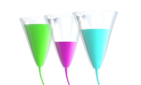 Three glass with color liquid isolated on white 3d illustrationの写真素材