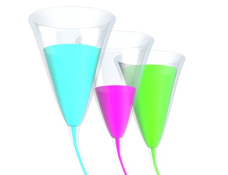 Three glass with color liquid isolated on white 3d illustrationの写真素材