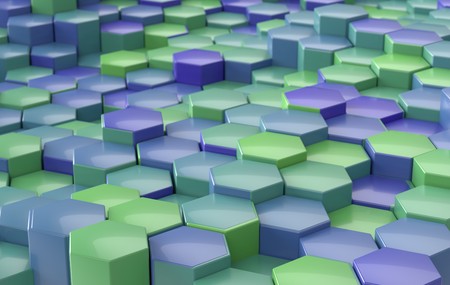 blue and green hexagon background perspective, 3d illustrationの写真素材