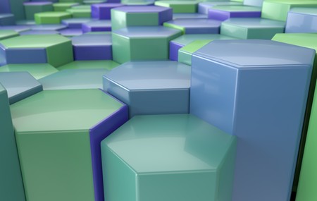 blue and green hexagon background perspective, 3d illustrationの写真素材