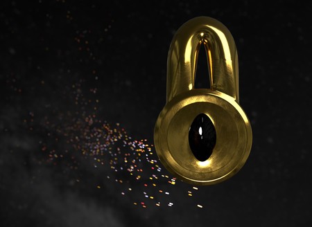 Abstract lock with black eye in space background 3d illustrationの写真素材