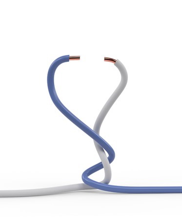 Pair of electrical cable wires twisted together with white and blue insulation isolated 3d illustrationの写真素材