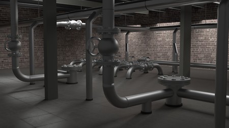 Large industrial boiler, pipes and valves room 3d illustrationの写真素材