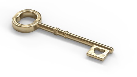 3d illustration of an old key for heart as a charmの写真素材
