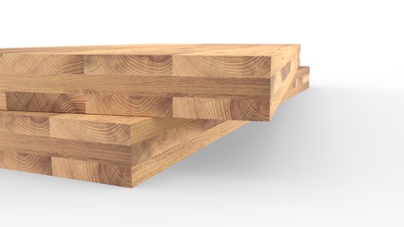 Glued wood structure. Lumber industrial wood texture, timber butts background. Butt end of a processed wooden beam. Glued beams. 3d illustration isolatedの写真素材