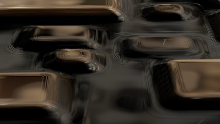 Raster golden texture, gold level lines pattern, curved square rounded metal plates background with reflection. Abstract dynamic surface. 3d illustrationの写真素材