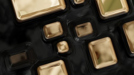 Raster golden texture, gold level lines pattern, curved square rounded metal plates background with...