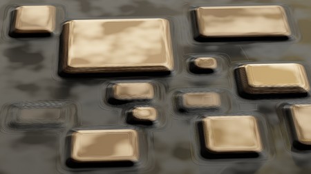 Raster golden texture, gold level lines pattern, curved square rounded metal plates background with reflection. Abstract dynamic surface. 3d renderの写真素材