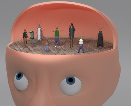3d illustration of person with other faces like cockroach inside for inner voices and multiply personalities conceptの写真素材